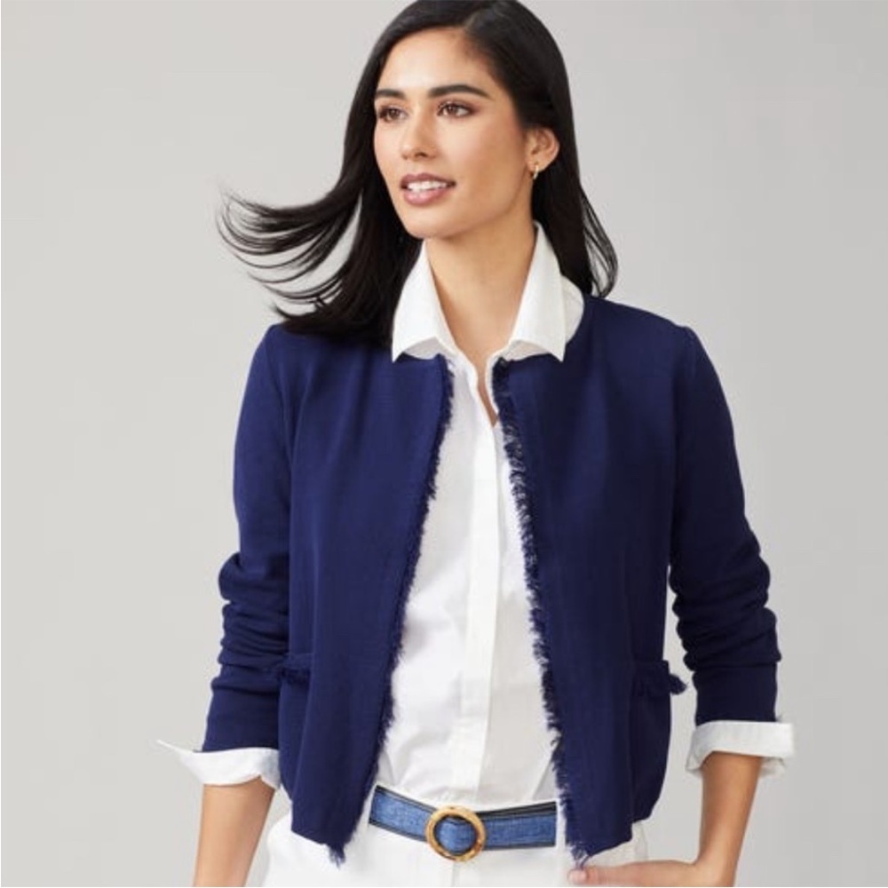 J. McLaughlin Marie Navy Blue Fringe Open Front Cardigan Sweater Pockets XL